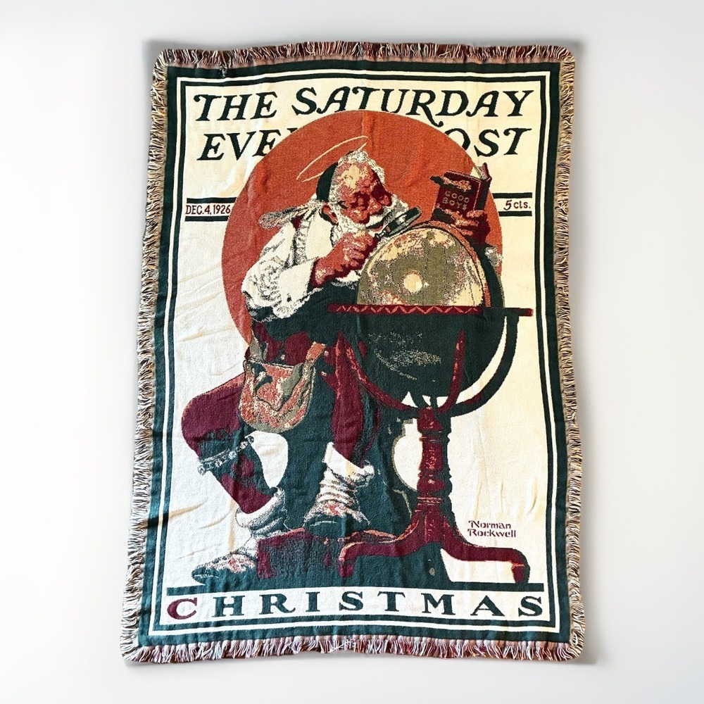 VTG Goodwin Weavers Norman Rockwell Christmas Santa Holiday Woven Throw Blanket